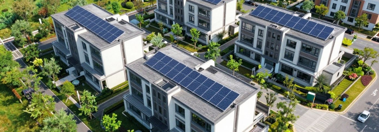 Eco-friendly homes with green spaces and solar panels.