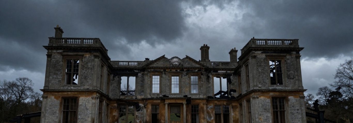 Clandon Park's ruined structure against a dramatic sky.
