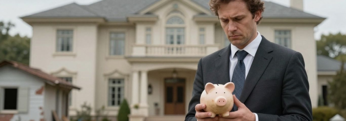Architect with empty piggy bank in front of mansion.