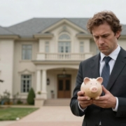Architect with empty piggy bank in front of mansion.