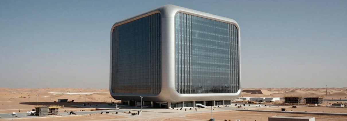 Futuristic cube building in Saudi Arabia desert.