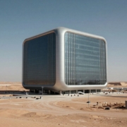 Futuristic cube building in Saudi Arabia desert.