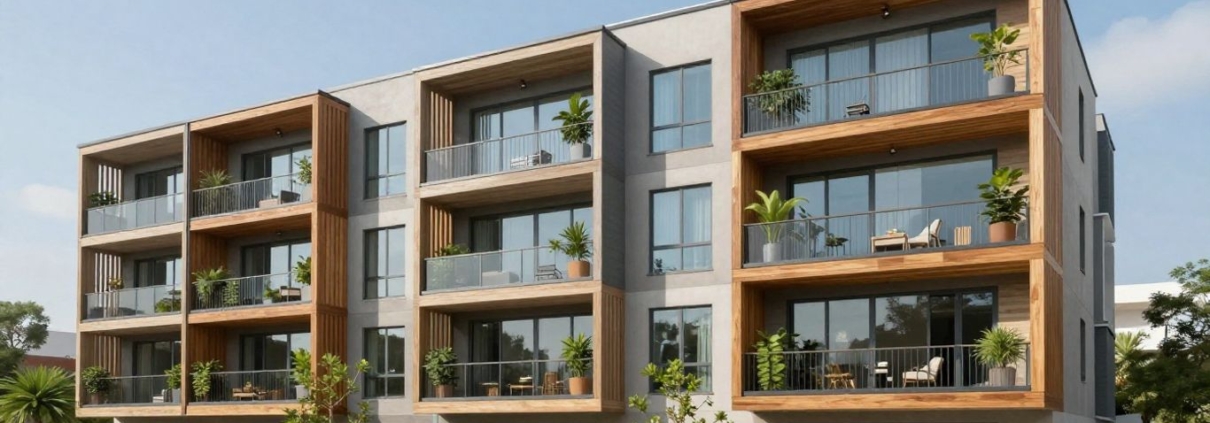 Passivhaus student housing building with timber and glass facade.