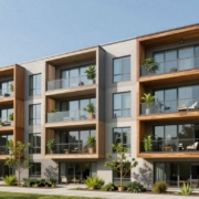 Passivhaus student housing building with timber and glass facade.