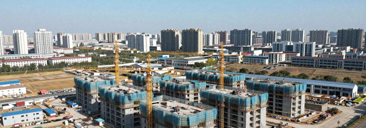 New housing developments under construction near a city.