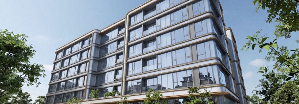 Modern London building with glass facade and metalwork.