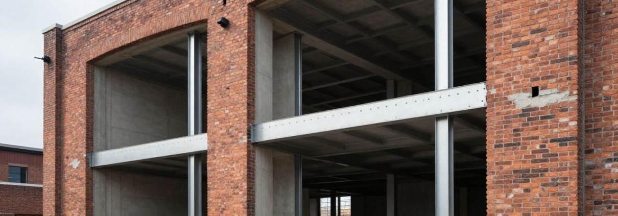 New building structure inside old brick building in Camden.